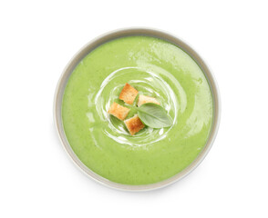 Tasty homemade zucchini cream soup isolated on white, top view