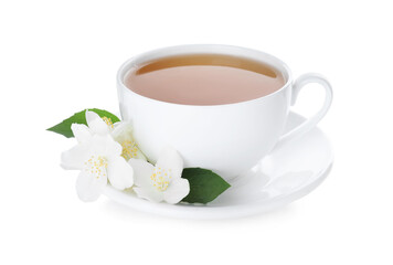 Cup of tea and fresh jasmine flowers isolated on white