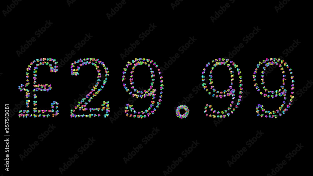 Poster £29. written in 3D illustration by colorful small objects casting shadow on a black background