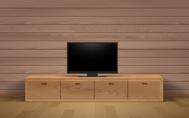 lcd tv on the wooden showcase and cabinet in the livingroom	