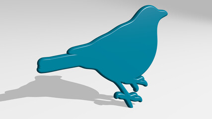 bird from a perspective on the wall. A thick sculpture made of metallic materials of 3D rendering