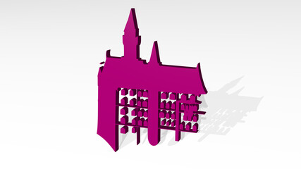 Fototapeta premium castle made by 3D illustration of a shiny metallic sculpture on a wall with light background