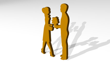 MAN GIVING FLOWER TO DATE on the wall. 3D illustration of metallic sculpture over a white background with mild texture