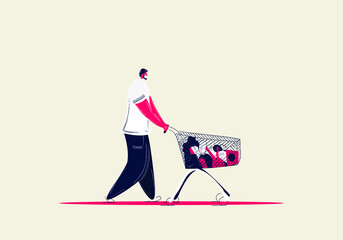 Vector illustration of a man wearing a medical mask with a shopping cart in the supermarket during the COVID-19 outbreak. Social Distancing illustration.