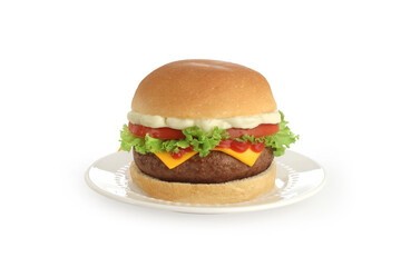 Burger with salad, cheddar cheese, lettuce, tomato, mayonnaise