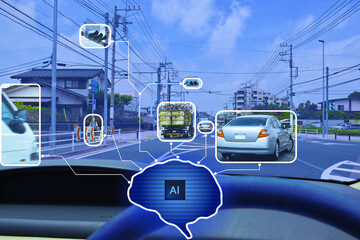 自動運転を表現したAIコンセプト。AIアルゴリズムを脳で表し、運転席から見た自動運転に対する制御情報をリンクするイメージ。
