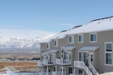 Obraz na płótnie Canvas South Jordan City Utah residential landscape overlooking snowy Wasatch Mountains