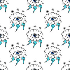 cloud with eye illustration traditional tattoo flash seamless doodle pattern, vector color illustration
