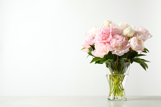 Beautiful peony bouquet in vase on table against white background. Space for text