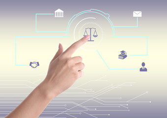 Lawyer touching virtual screen with different icons, closeup