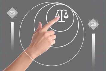 Lawyer touching virtual screen with different icons, closeup