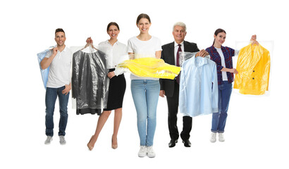 Collage with photos of people holding clothes in plastic bags on white background. Dry-cleaning service