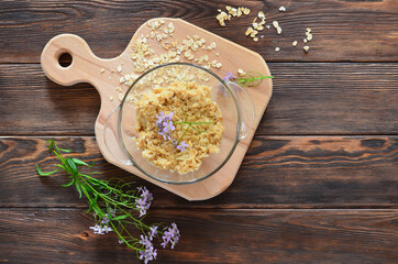 recipe, meal, text, space, copy, background, bowl, cooking, cuisine, culinary, cutting board, delicious, diet, dish, flat lay, flowers, food, gourmet, healthy, homemade, kitchen, lifestyle, lilac, nat