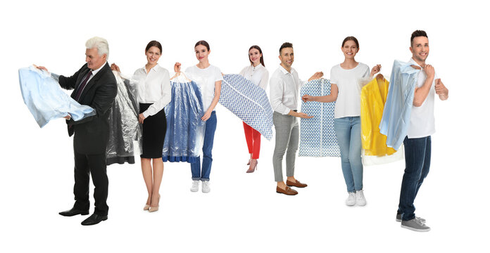 Collage with photos of people holding clothes in plastic bags on white background. Dry-cleaning service