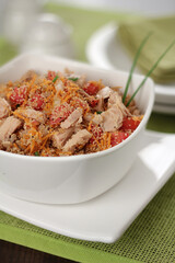 tuna salad with amaranth, carrots, tomatoes and chives
