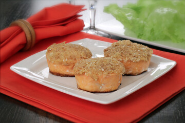 salmon medallion with crispy chestnut and sesame crust