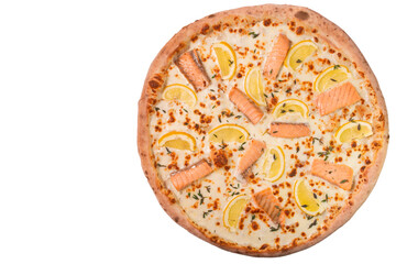 Tasty italian pizza with seafoods isolated on white background. Flatlay. Copy space