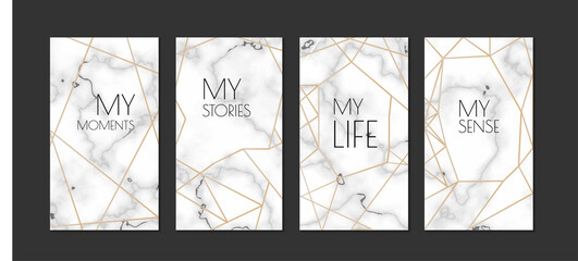 Graphic Template Set for Life Stories Design, Golden Lines in Art Deco Style on White Background, Vector