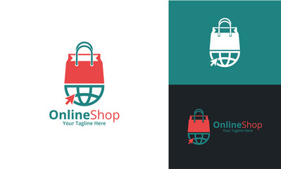 Online Shop Logo designs Template. Illustration vector graphic of globe icon and shop bag combination logo design concept. Perfect for Ecommerce,sale, discount or store web element. Company emblem