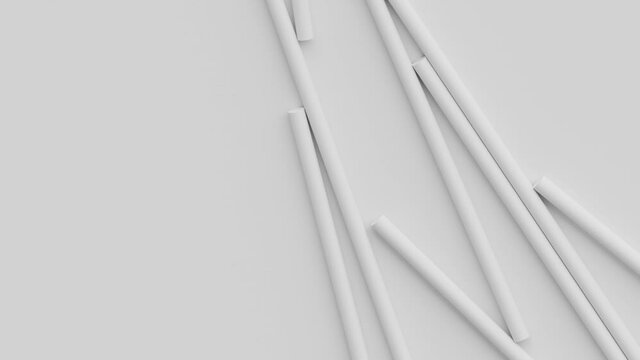 White geometric figures falling down. 3d render of primitive shapes swing. Messy objects on gray background.