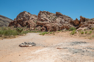 A campsite and fire ring at Whitney Pocket in Gold Butte National Monument, Clark County, Nevada