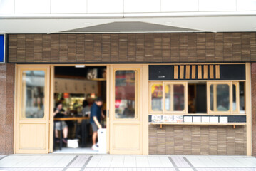 Modern mix traditional Japanese restaurants and shops minimal wooden style front view with blurred effect for graphic resource and reproduce for commercial, advertisement, design. 