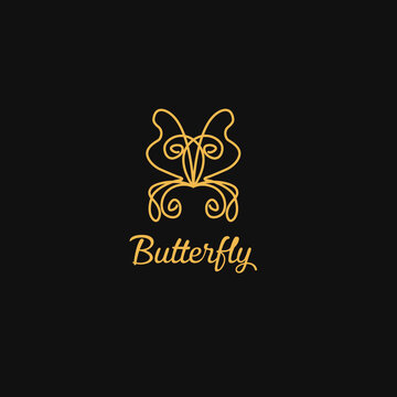 Gold Butterfly line template logo design inspiration. Butterfly Quality symbol icon vector illustration