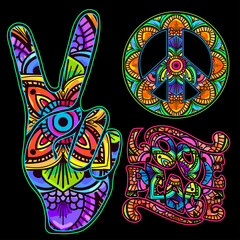 set of isolated hand drawn elements in Hippie Retro style 1960s, 60s, 70s Peace and Love, a sign of Pacifism - two thumbs up, round glasses and hearts