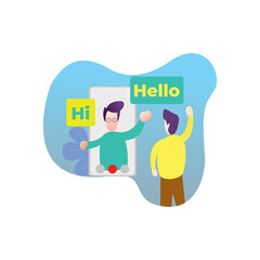 man talks to his friends with video conference vector illustration