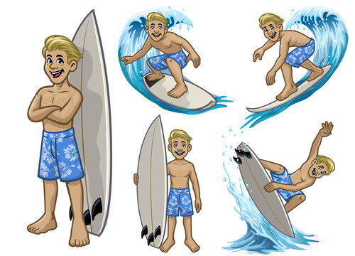 set of cartoon surfer white boy