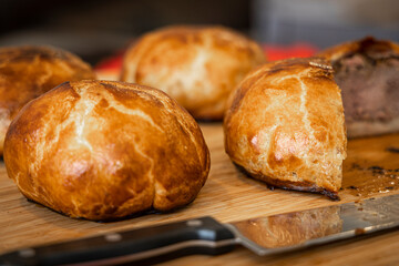 Homemade beef wellington close up macro