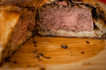 Homemade beef wellington close up macro
