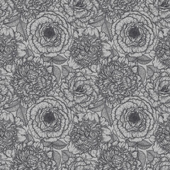 Seamless pattern with roses flower hand drawn in lines. Black and white monochrome graphic doodle elements. Isolated vector illustration, template for design