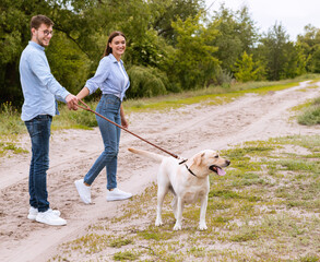 Young couple and labrador walking together in countryside
