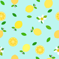 Flat design, lemons illustration with flowers and sky blue background colorful seamless pattern
