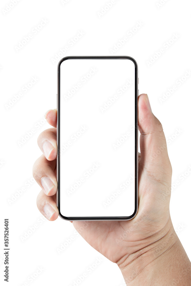 Poster hand holding phone blank screen isolated with clipping path on white background.