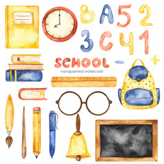 Watercolor set with school subjects, blackboard, books, pen, pointer, numbers, letters, watches, backpack