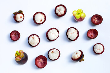 Mangosteen on white background. Top view