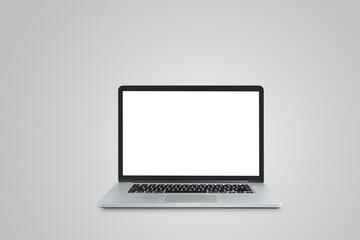 Business Communication Concept : Used black laptop with blank white screen in gray background.