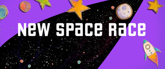 New Space Race theme with space background with a rocket, moon, stars and planets