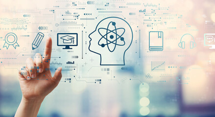 Online education concept with hand pressing a button on a technology screen