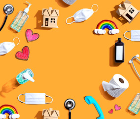 Coronavirus and Covid-19 theme objects - flat lay