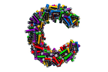 Letter C from colored AA batteries, 3D rendering