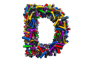Letter D from colored AA batteries, 3D rendering