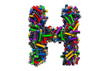 Letter H from colored AA batteries, 3D rendering