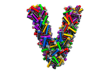 Letter V from colored AA batteries, 3D rendering