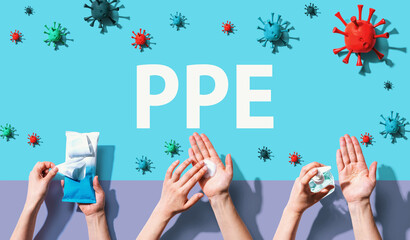 PPE coronavirus theme with person washing their hands with sanitizer