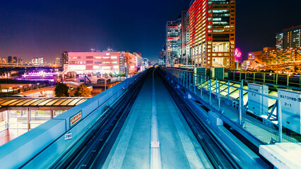 Abstract high speed technology POV train motion blurred concept from the Yuikamome monorail in Tokyo, Japan