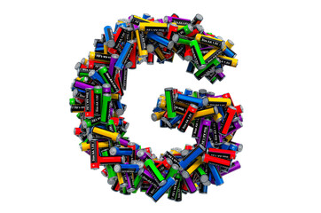 Letter G from colored AA batteries, 3D rendering