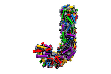 Letter J from colored AA batteries, 3D rendering